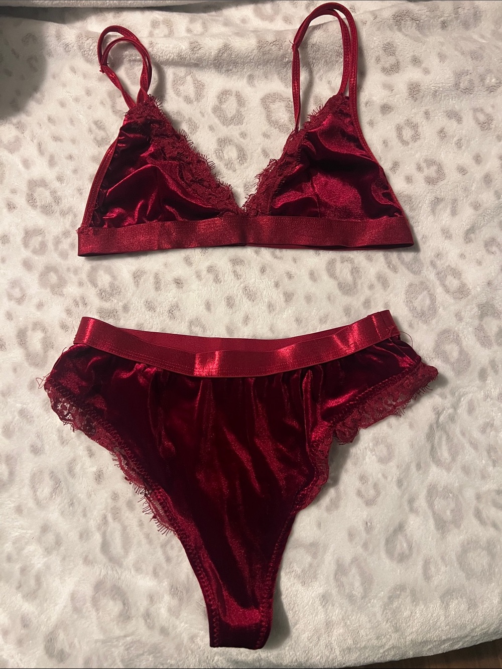 Red Velvet Lace Triangle Bralette  Set - Women Intimates